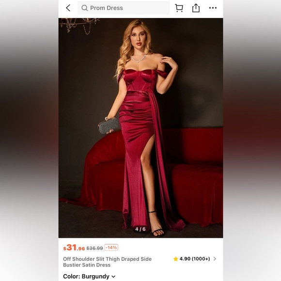 Off Shoulder Slit Thigh Draped Side
Bustier Satin Dress - Picture 3 of 4